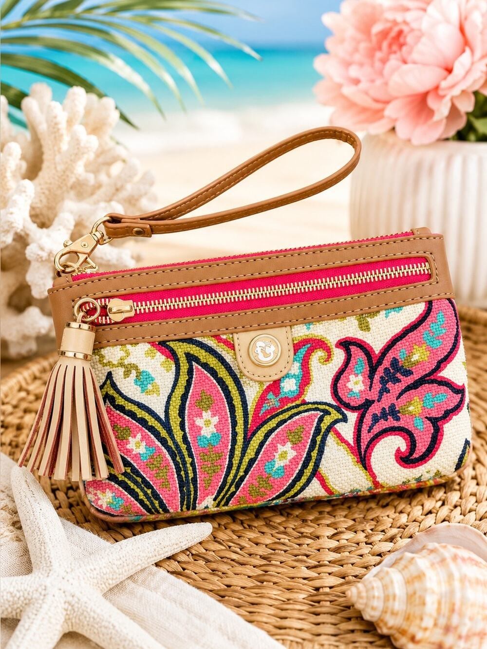 Spartina 449 Floral Wristlet Clutch Wallet with Tassel Zip Pull